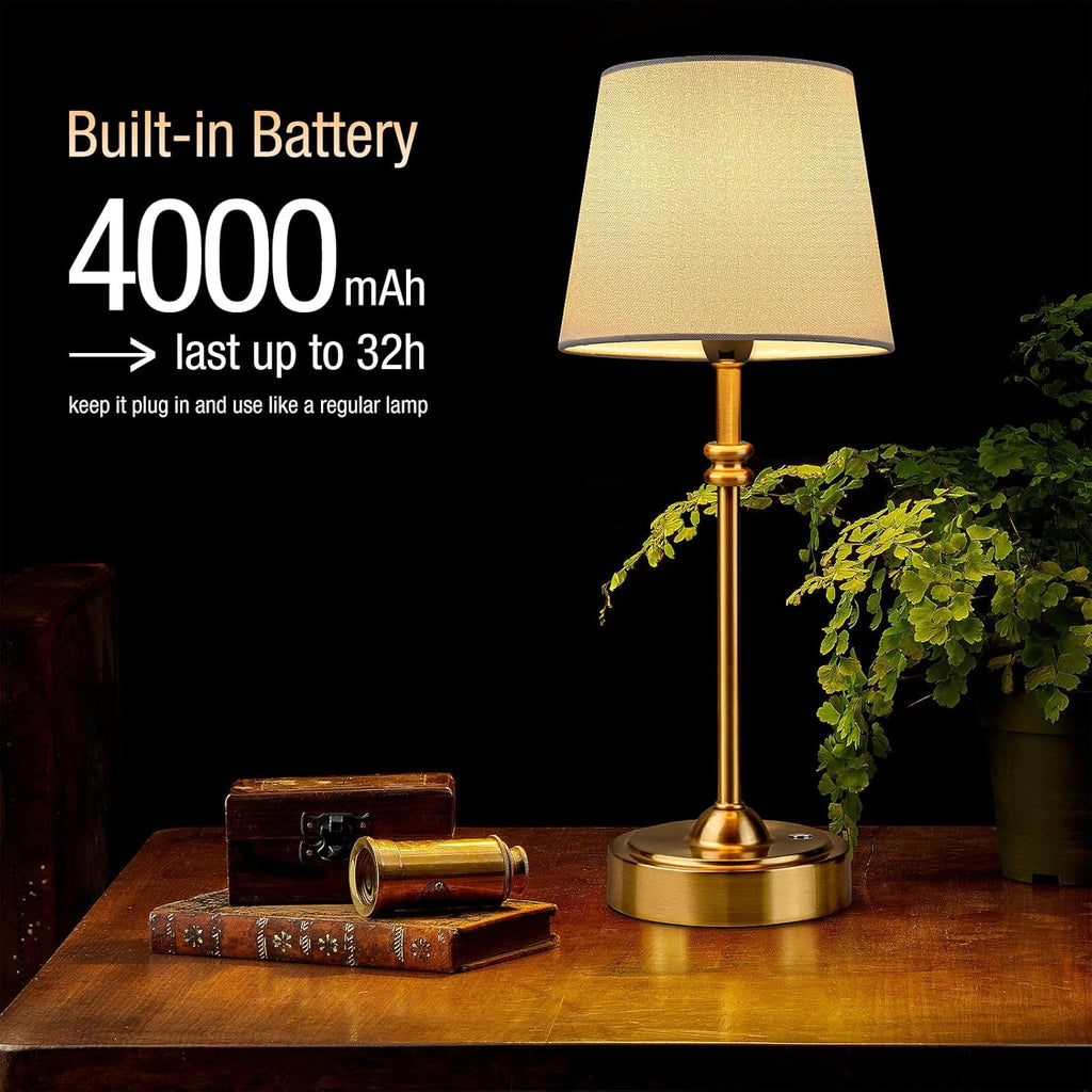 Cordless Lamp-Battery Operated Table lamp, 4000mAh Rechargeable, Stepless Dimmable, Small Touch Bedside Lamp with Fabric Shade, for Dining, Patio, Bathroom(Gold)
