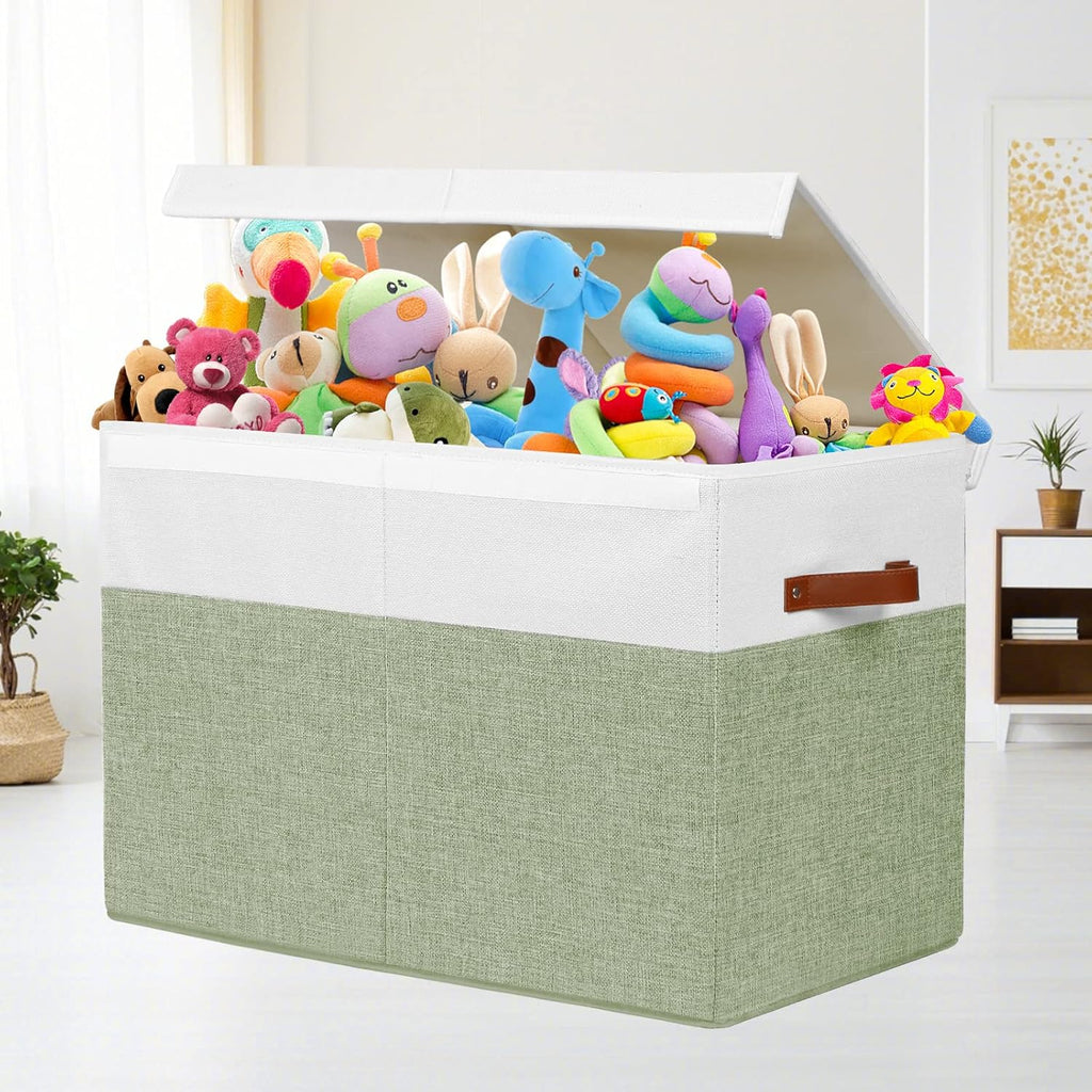 Large Toy Storage Box with Lid, Sturdy Toys Storage Chest Bin Organizer Basket with Dividers for Kids, Boys, Girls, Nursery, Closet, Bedroom, Playroom 25"x13" x16" (Green and White)