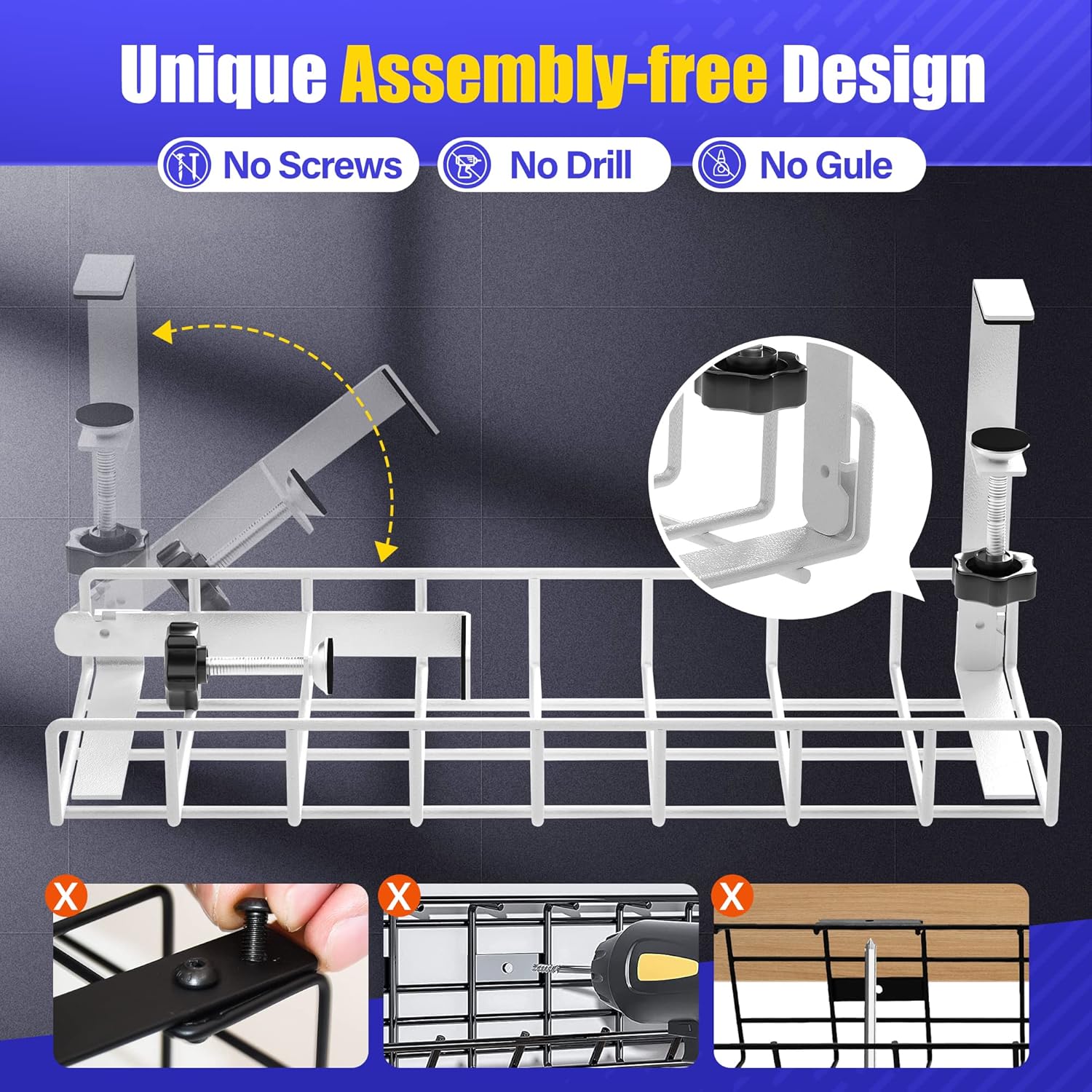 Under Desk Cable Management Tray,  Upgraded Wire Management No Drill No Screws, Cable Tray with Clamp for Wire Organizers, Computer Cord Rack for Office, Home - No Damage to Desk White