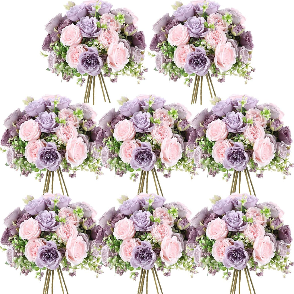 8 Bundles Artificial Peonies Flowers Fake Silk Peony Bouquet Faux Peonies Flowers Bulk for Decoration Vase Floral Arrangements Wedding Party Table (Gray Purple,Light Purple)