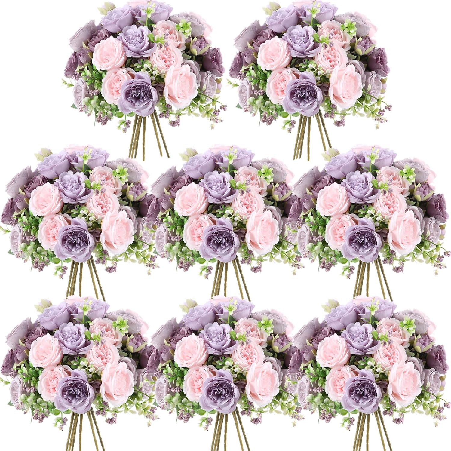 8 Bundles Artificial Peonies Flowers Fake Silk Peony Bouquet Faux Peonies Flowers Bulk for Decoration Vase Floral Arrangements Wedding Party Table (Gray Purple,Light Purple)