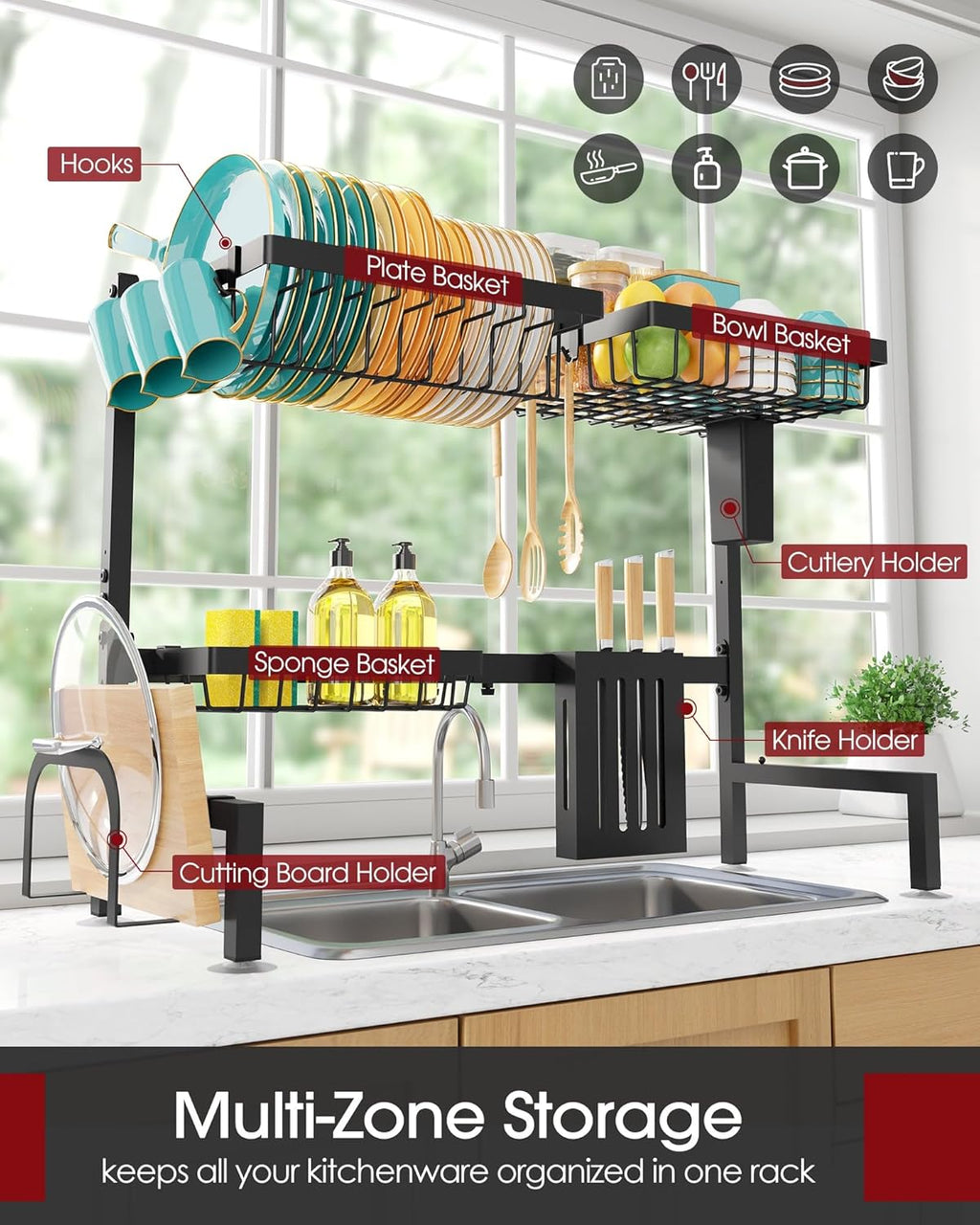 Over The Sink Dish Drying Rack - Adjustable 2 Tier Large Capacity Stainless Steel Drainer with Cutlery & Utensil Holders, Kitchen Storage & Organization, 30"-33.9" L x 11" W x 21.5" H, Black