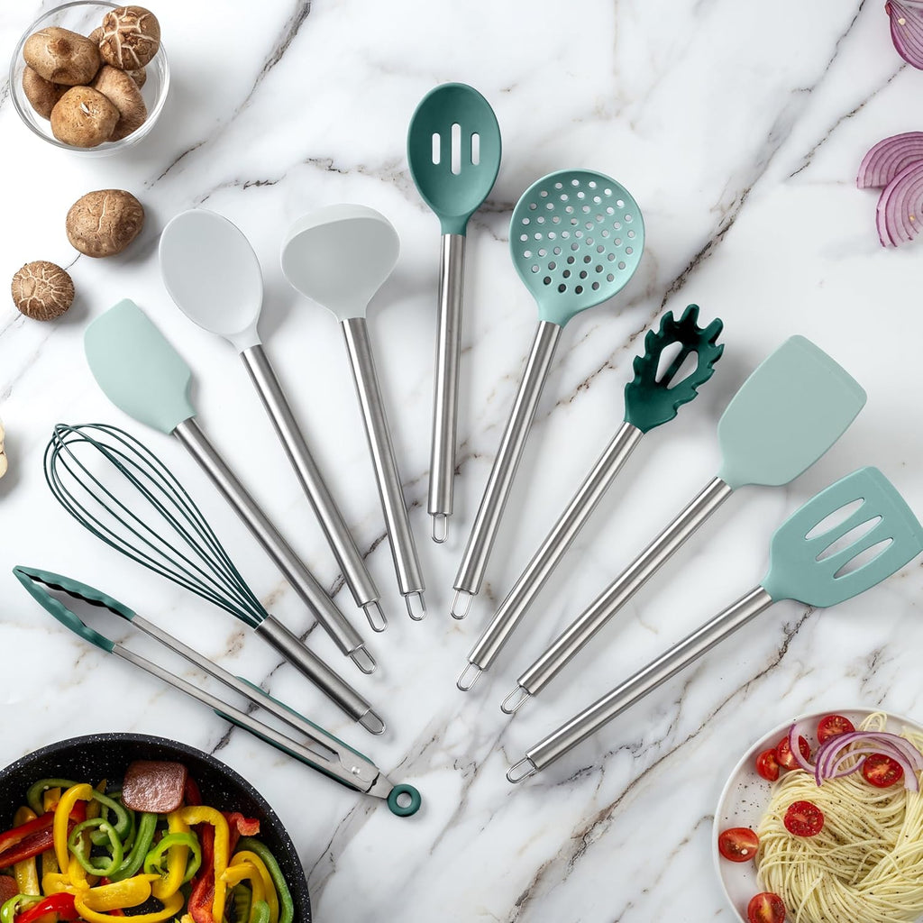 Silicone Cooking Utensils, Kitchen Utensil Set, Easy to Clean Silicone Kitchen Utensils, Cooking Utensils for Nonstick Cookware, Kitchen Gadgets Set, 10 Pieces, Teal