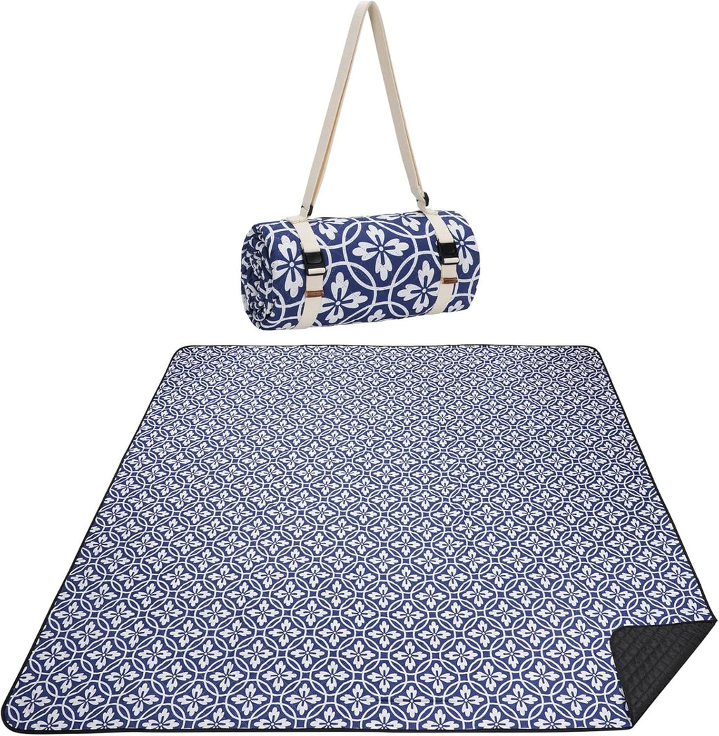 Picnic Blanket, 80''x80'' Waterproof Outdoor Blankets, Picnic Mat Washable for Beach, Picnic Blankets for Camping on Grass with Shoulder Strap - NavyBlue