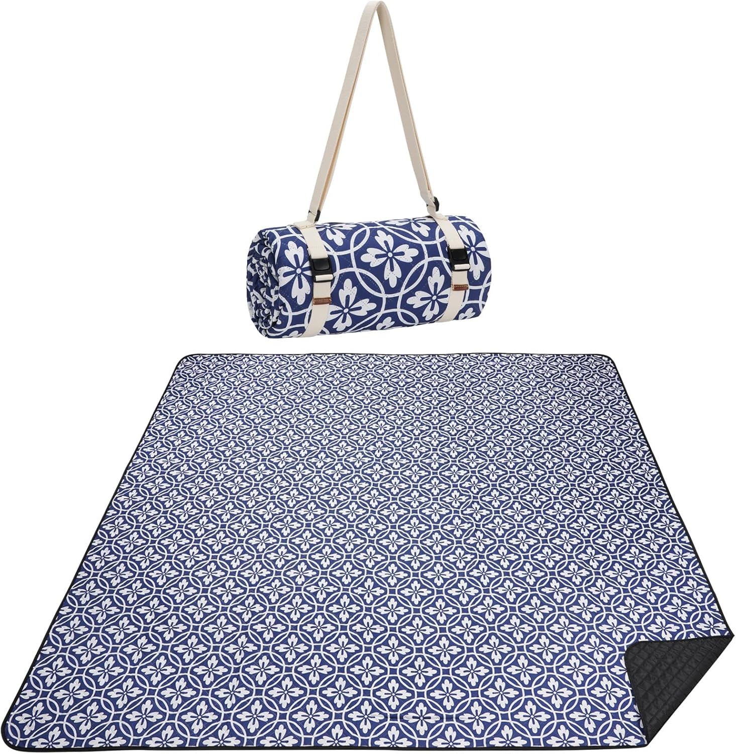 Picnic Blanket, 80''x80'' Waterproof Outdoor Blankets, Picnic Mat Washable for Beach, Picnic Blankets for Camping on Grass with Shoulder Strap - NavyBlue