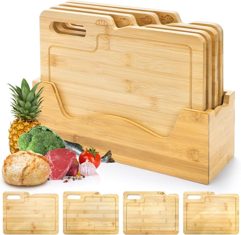 4 Pack 12.5"L x 9.8"W Bamboo Cutting Boards with Holder, Wood Cutting Board Set, Chopping Boards Set with Food Icons, Kitchen Cutting Board Ideal for Meat, Fish, Bread, Vegetable, Fruit
