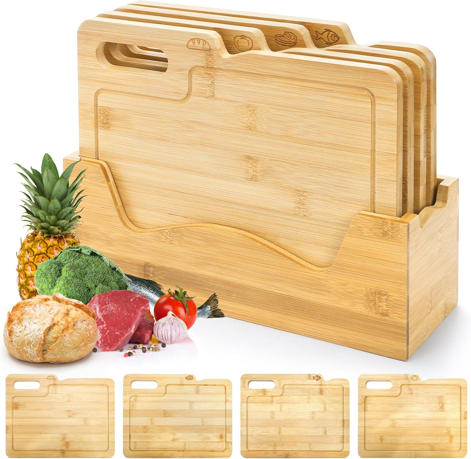 4 Pack 12.5"L x 9.8"W Bamboo Cutting Boards with Holder, Wood Cutting Board Set, Chopping Boards Set with Food Icons, Kitchen Cutting Board Ideal for Meat, Fish, Bread, Vegetable, Fruit