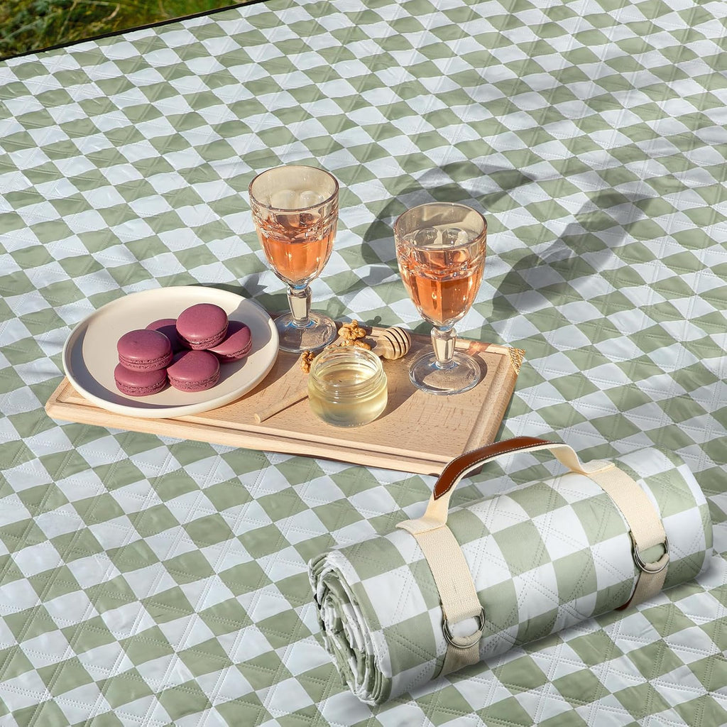 Checkered Picnic Blanket Extra Large Sage Green Outdoor Blanket Waterproof Sandproof 80"x80" Portable Machine Washable 3 Layer Thick Gingham Picnic Mat for Beach Camping Park Grass Travel