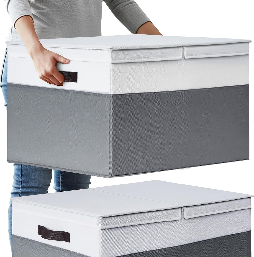 2 Pack EXTRA LARGE Blanket Storage Baskets with Lids, 22”x16”x12” Closet Organizers Bins for Clothes Towel/ Storage Box with Lid Handles/ Stackable Decorative Fabric Bins for Living Room, Nursery